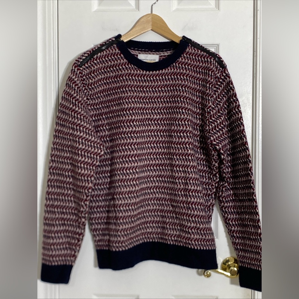 Kooples X Sport MEN’S NAVY & BURGUNDY SHOULDER ZIP KNIT SWEATER Size L VGC